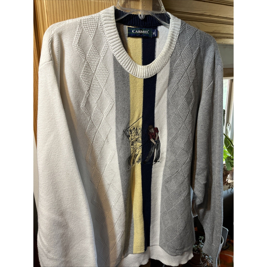 Vintage 90s Carmel Golf Embroidered Pullover Knit Sweater Size XL Gray White USA