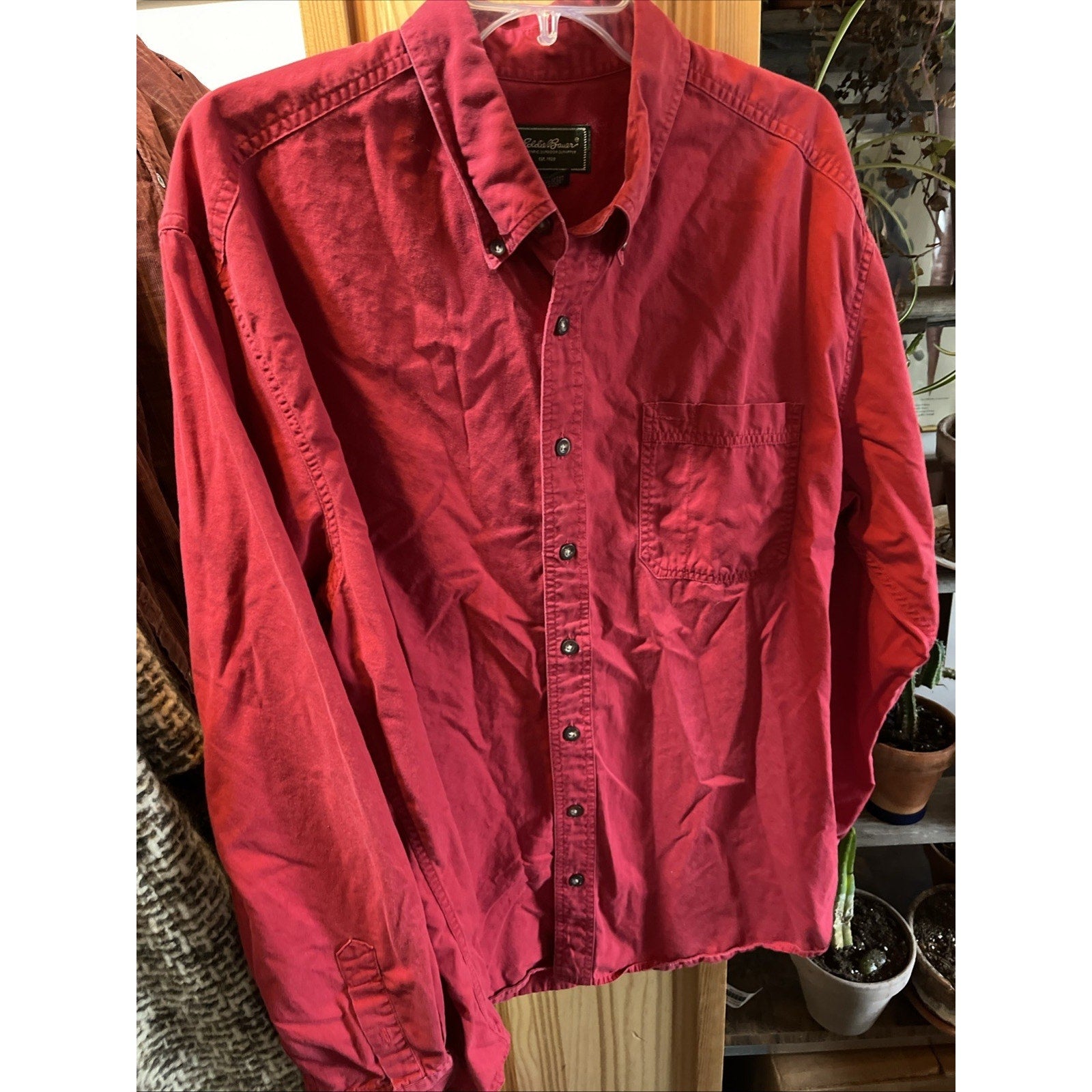 Eddie Bauer Shirt Mens XLT Red Canvas Long Sleeve Button Down Outdoor Casual