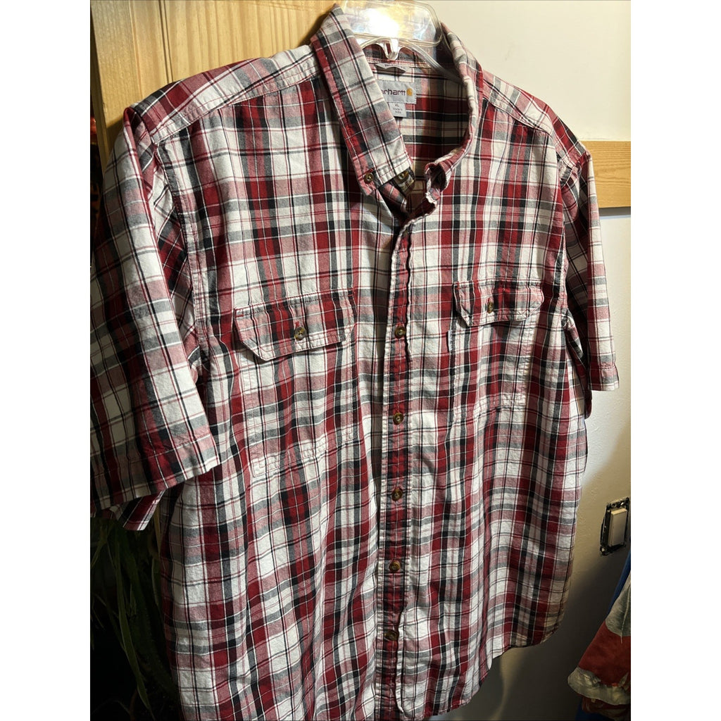 Carhartt Mens XL Red Button Up Short Sleeve Shirt Relaxed Fit Plaid Cotton