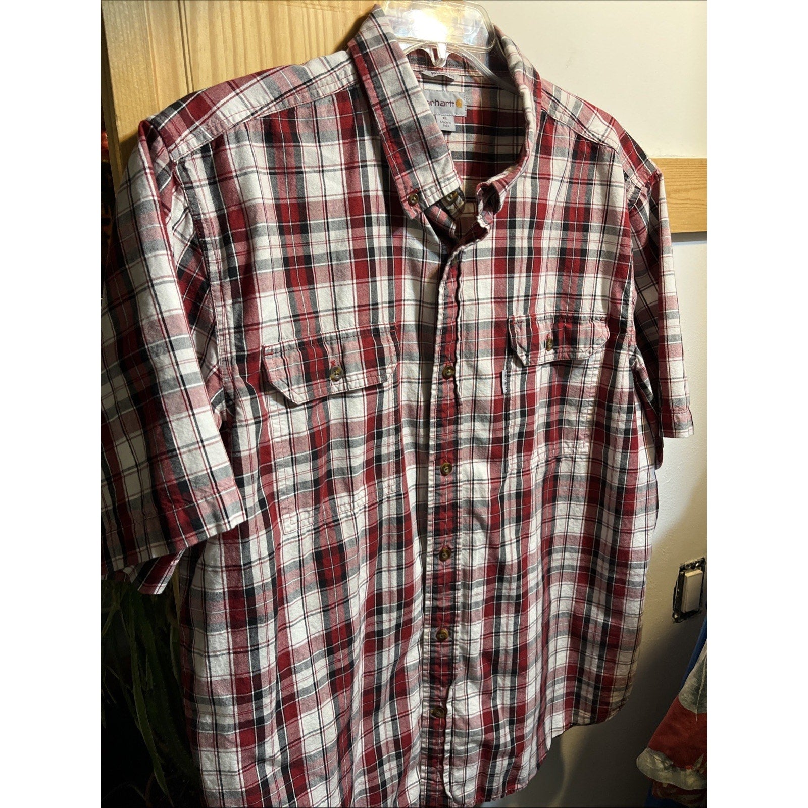 Carhartt Mens XL Red Button Up Short Sleeve Shirt Relaxed Fit Plaid Cotton