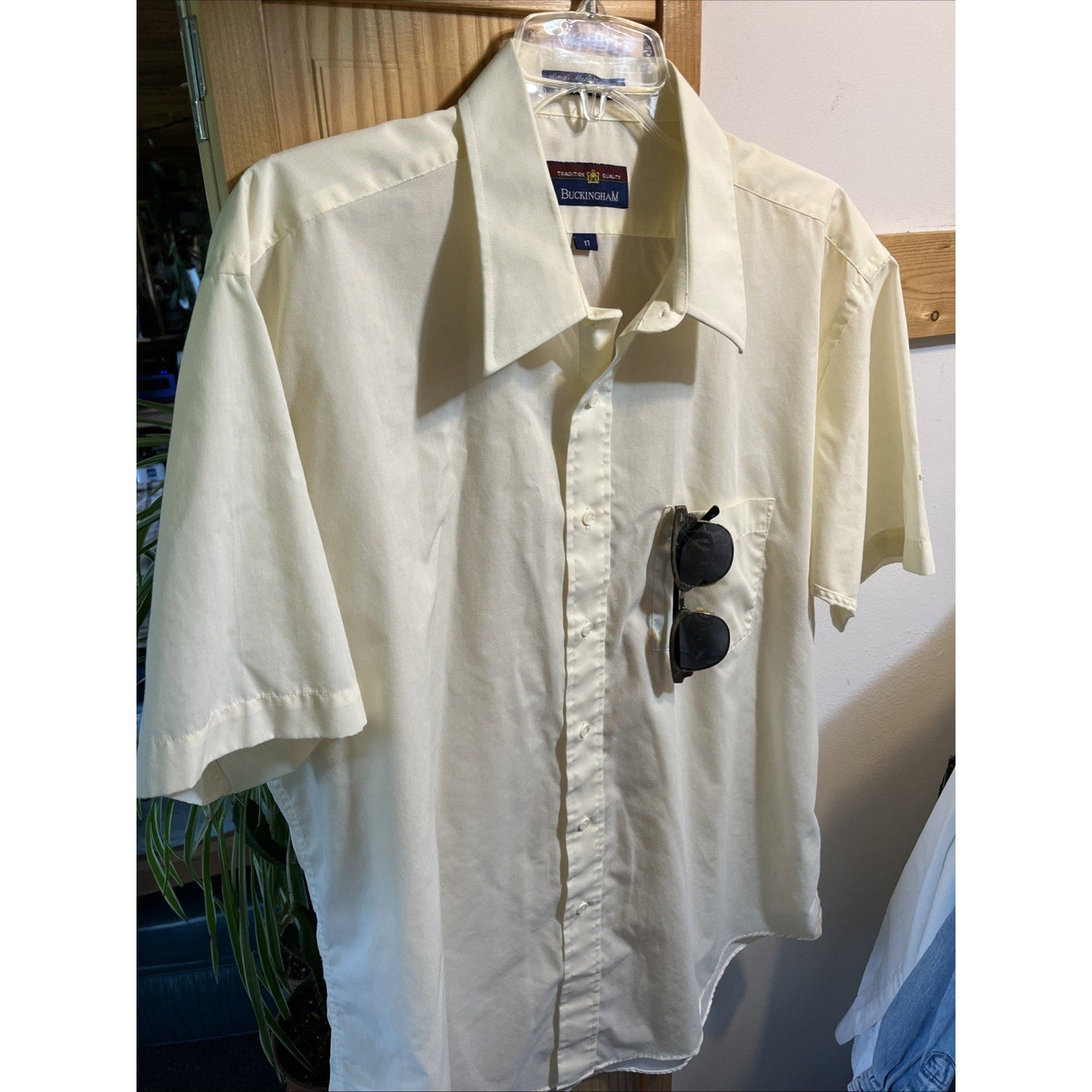 Men’s Vintage Buckingham Button Up Short Sleeve Shirt White Size 17 Cotton Poly