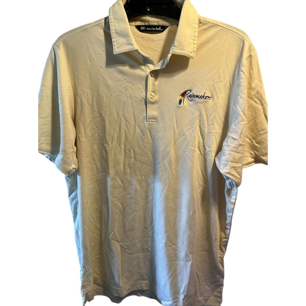 Travis Mathew Shirt Mens M Short Sleeve Button Polo Solid Yellow Rainmaker Logo