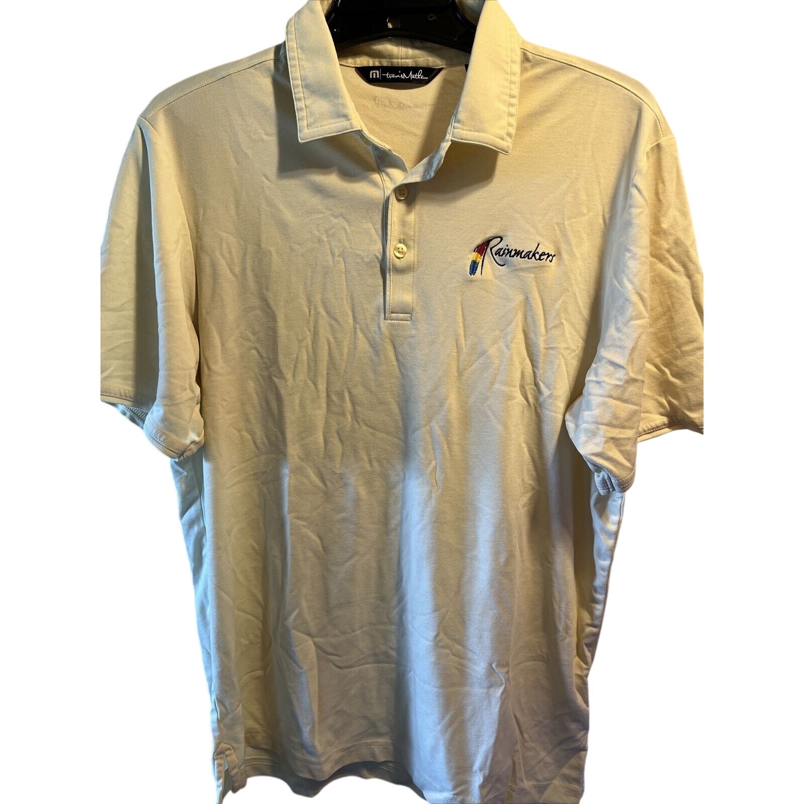 Travis Mathew Shirt Mens M Short Sleeve Button Polo Solid Yellow Rainmaker Logo