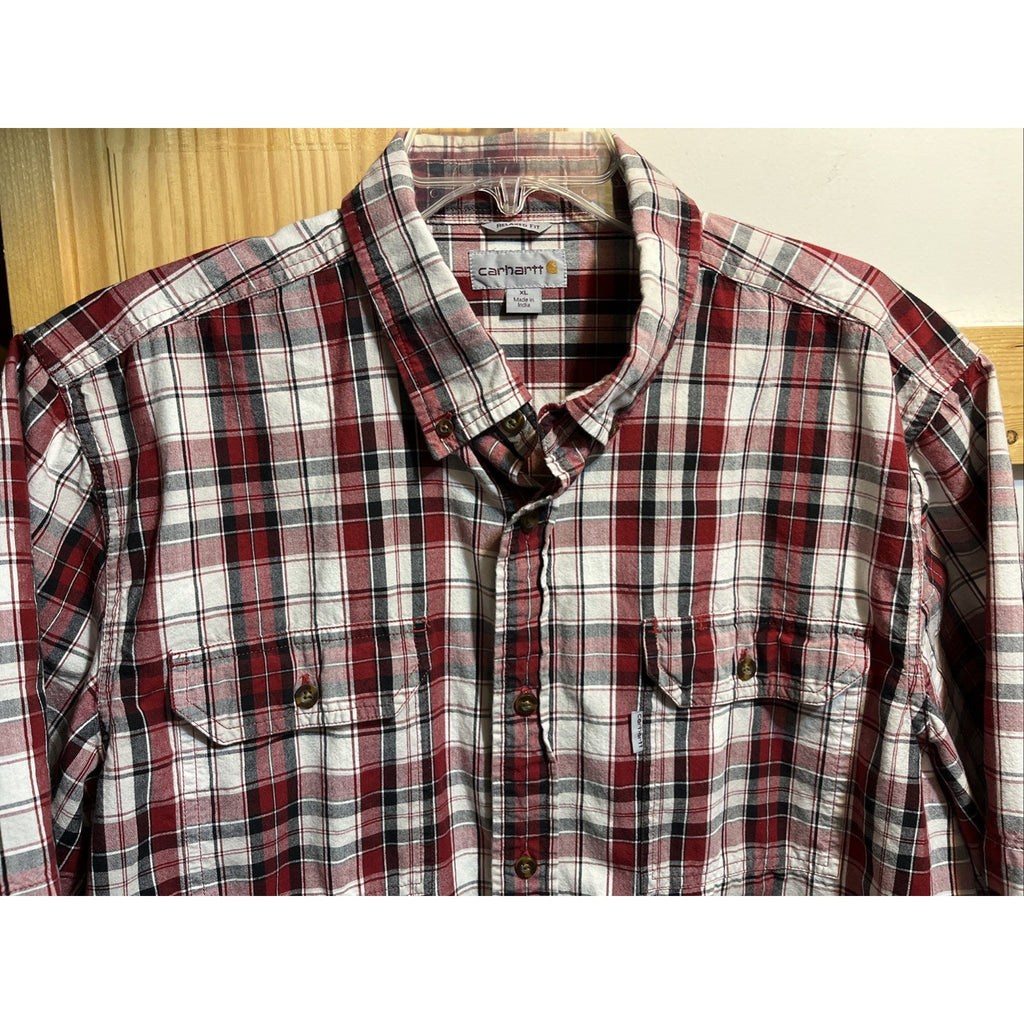 Carhartt Mens XL Red Button Up Short Sleeve Shirt Relaxed Fit Plaid Cotton