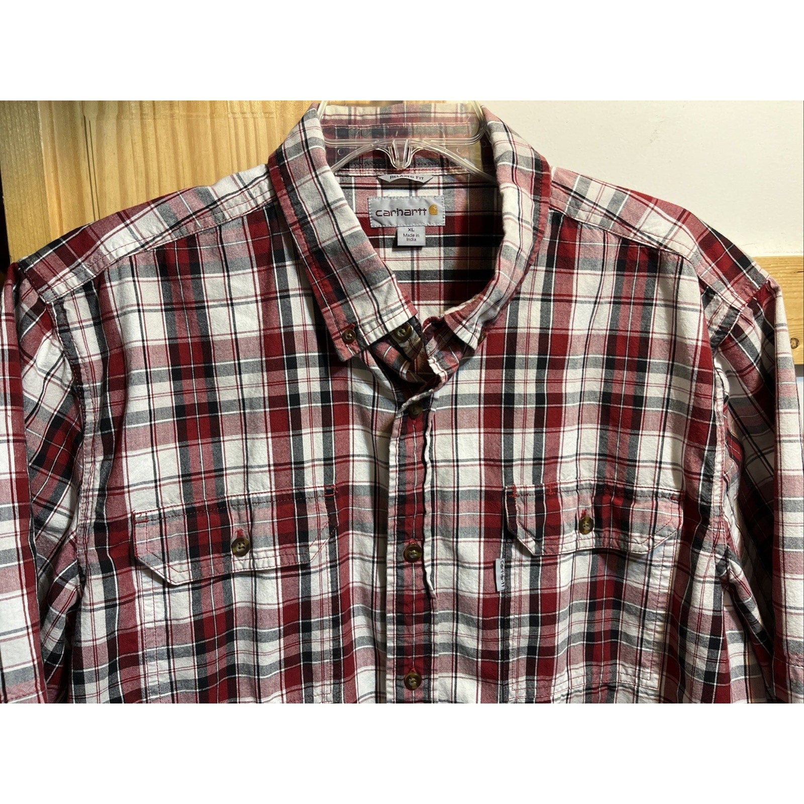 Carhartt Mens XL Red Button Up Short Sleeve Shirt Relaxed Fit Plaid Cotton