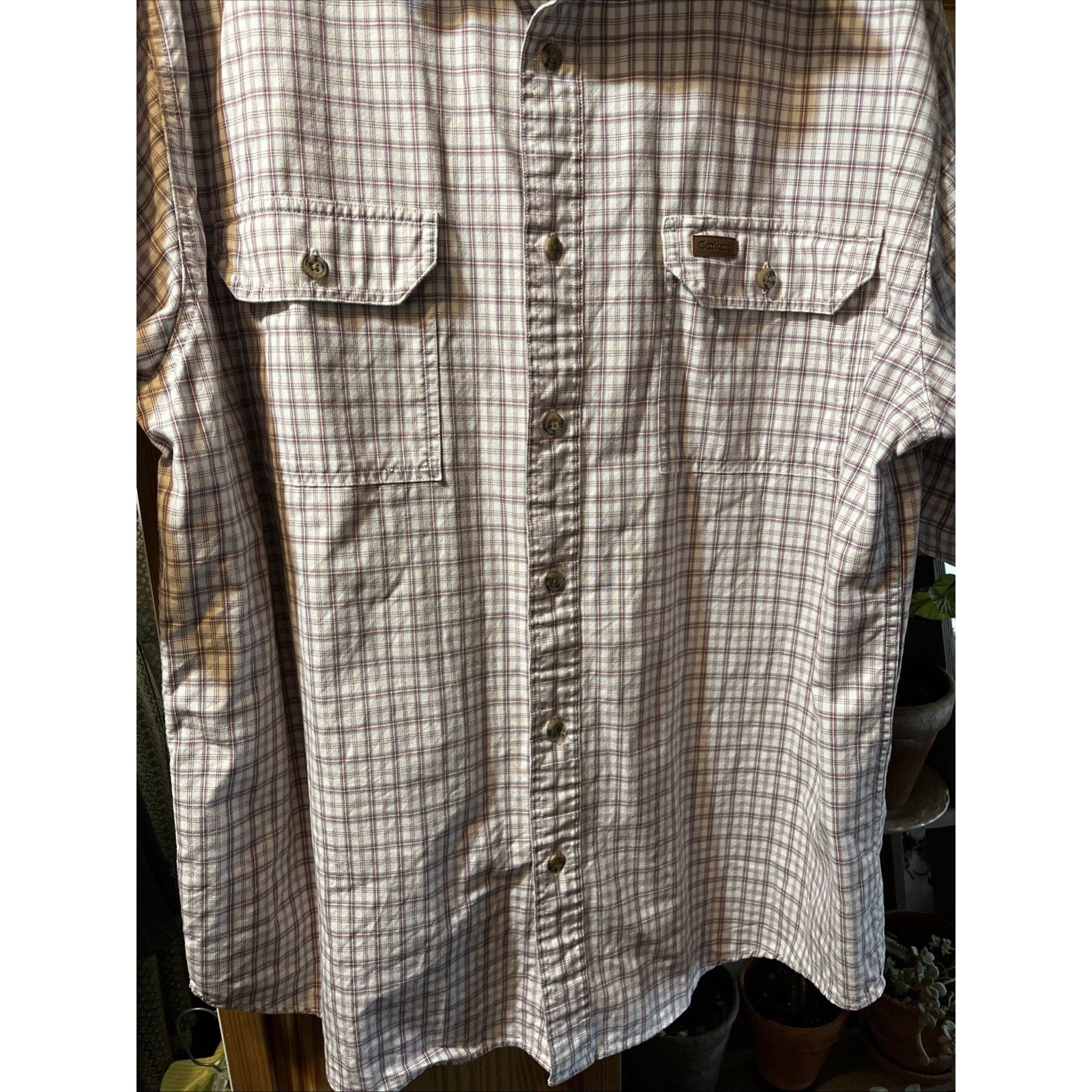 Carhartt Shirt Men’s XL White Checkered Plaid Short Sleeve Button Up Cotton Work