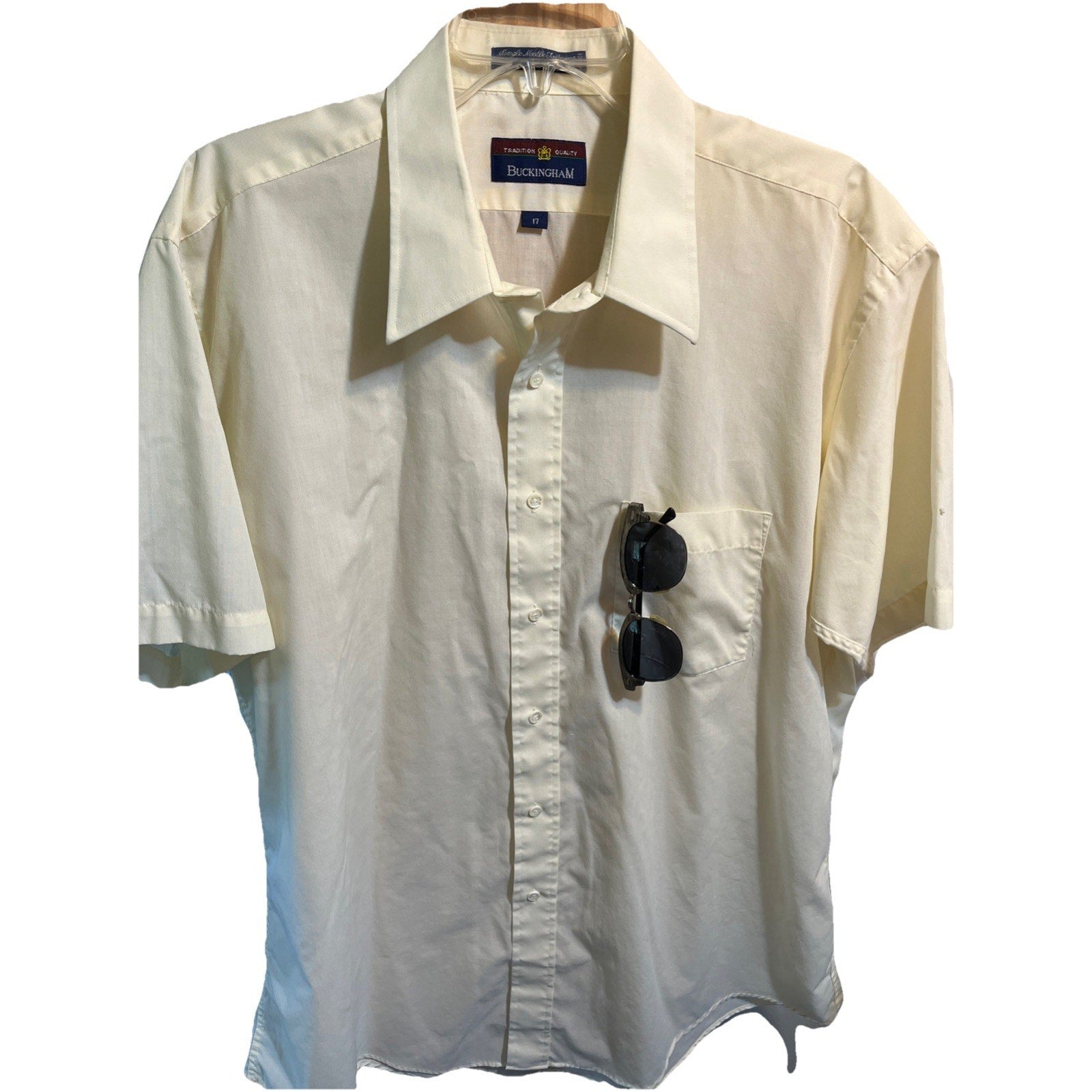 Men’s Vintage Buckingham Button Up Short Sleeve Shirt White Size 17 Cotton Poly
