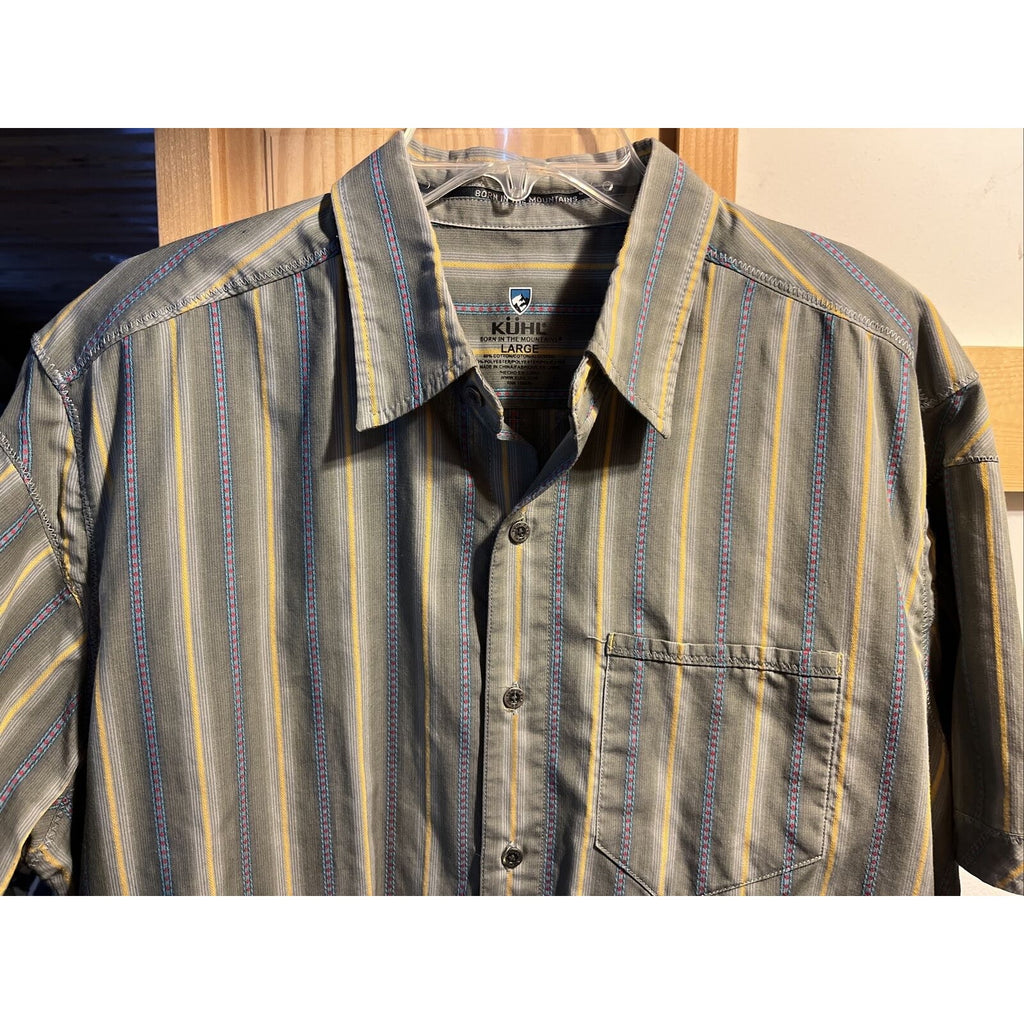 Kuhl Men's Sz L Gray Striped Button Down Short Sleeve Pocket Cotton Poly Shirt
