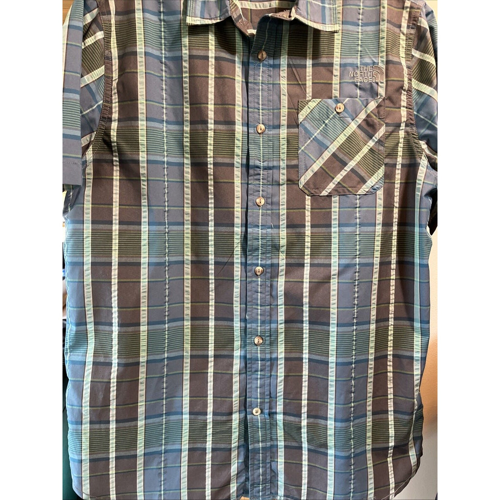 The North Face Men’s Shirt L Blue Plaid Button Up Short Sleeve Pocket Hiking EUC