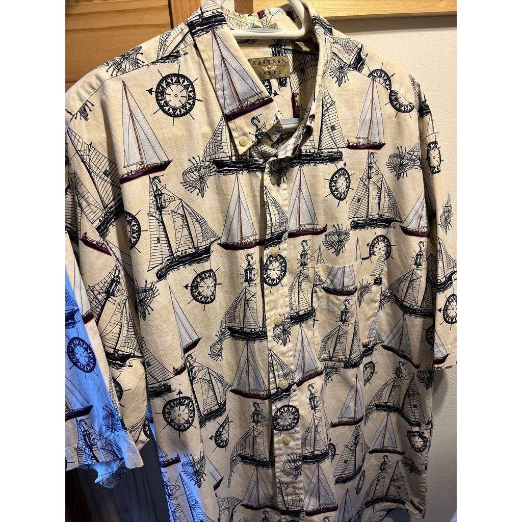 Natural Issue Nautical Mens XLT Cotton SS Shirt Boat Sailboat Sloop Schooner EUC