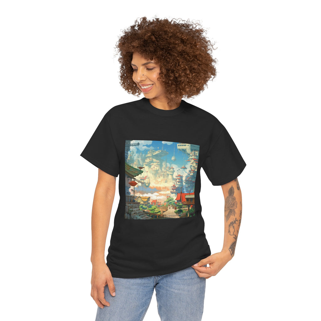 Studio Ghibli Style City Landscape Graphic Print Unisex Heavy Cotton Tee Shirt