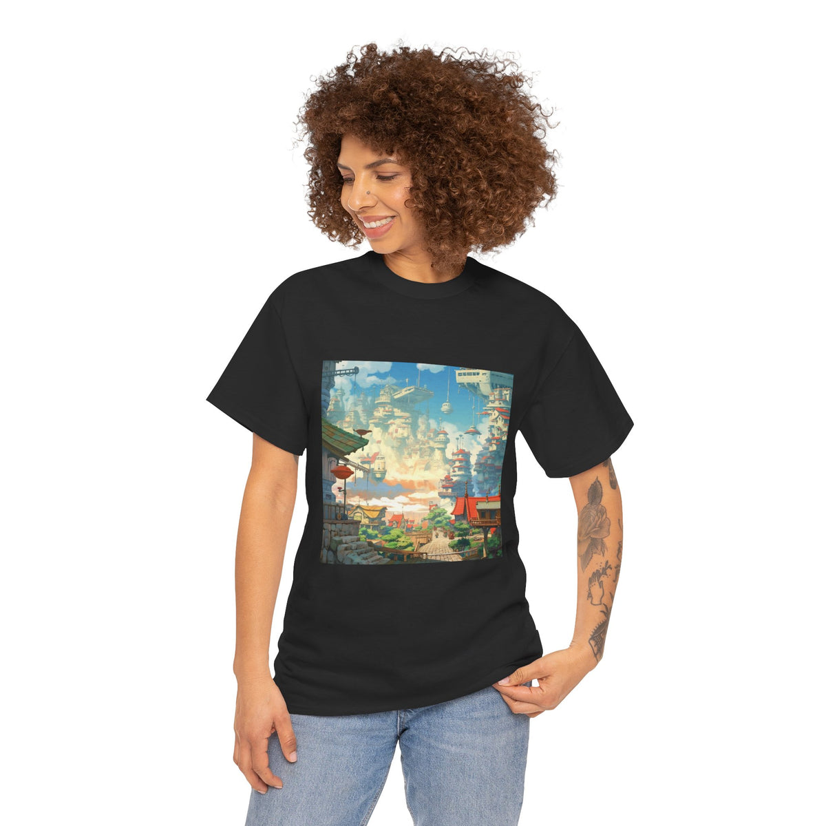 Studio Ghibli Style City Landscape Graphic Print Unisex Heavy Cotton Tee Shirt