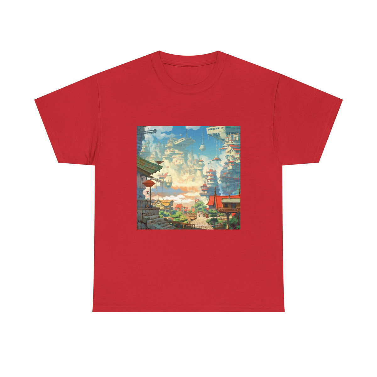 Studio Ghibli Style City Landscape Graphic Print Unisex Heavy Cotton Tee Shirt