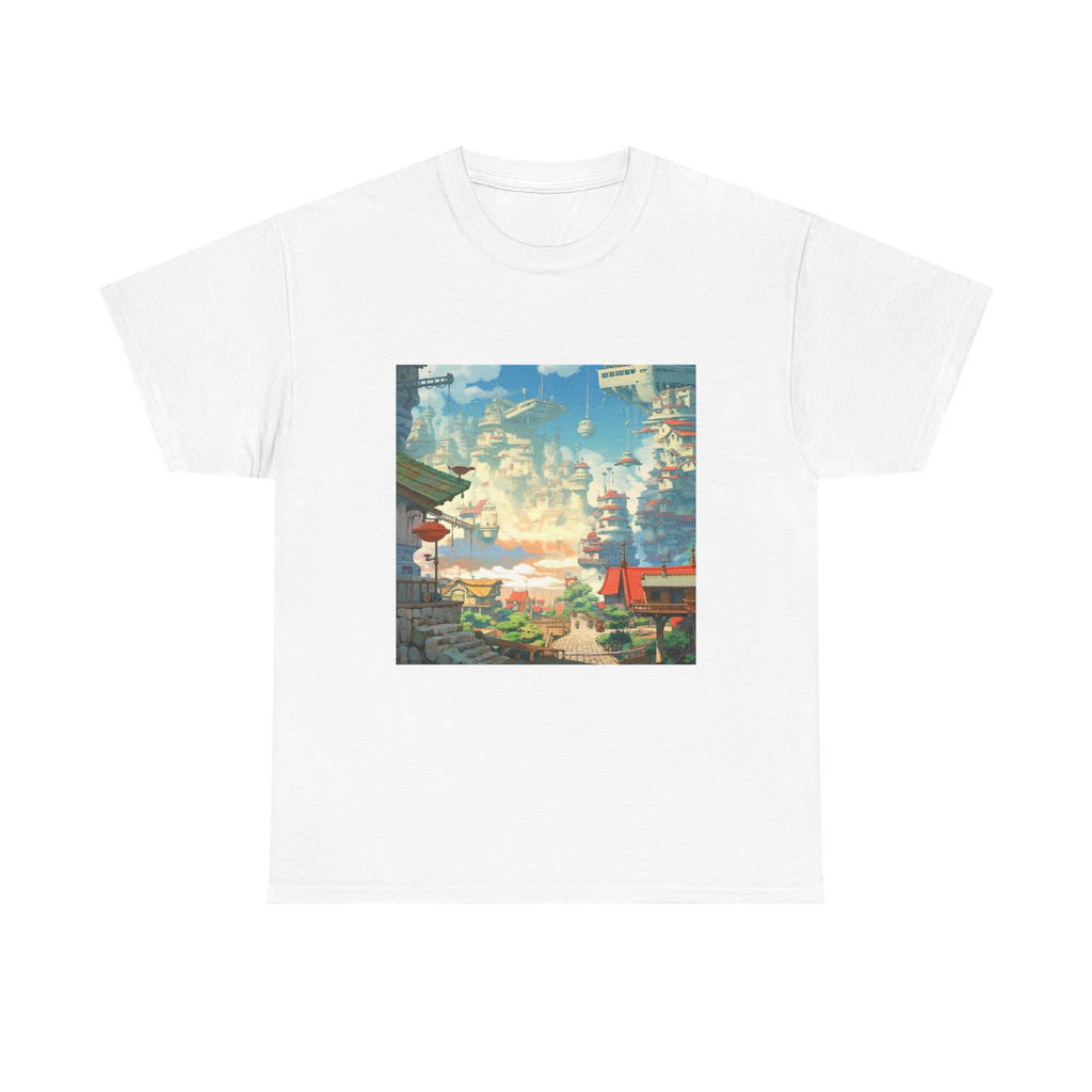Studio Ghibli Style City Landscape Graphic Print Unisex Heavy Cotton Tee Shirt