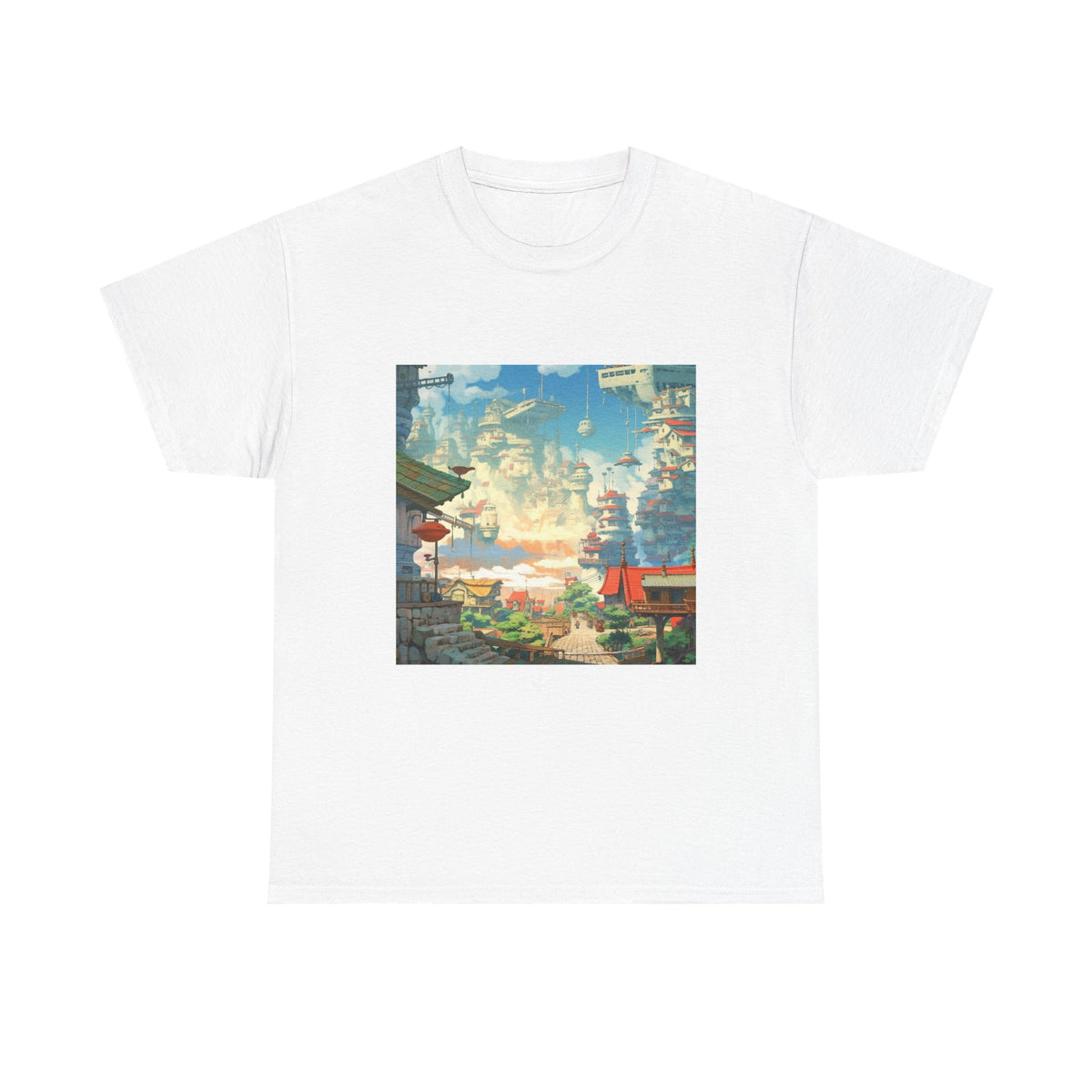 Studio Ghibli Style City Landscape Graphic Print Unisex Heavy Cotton Tee Shirt