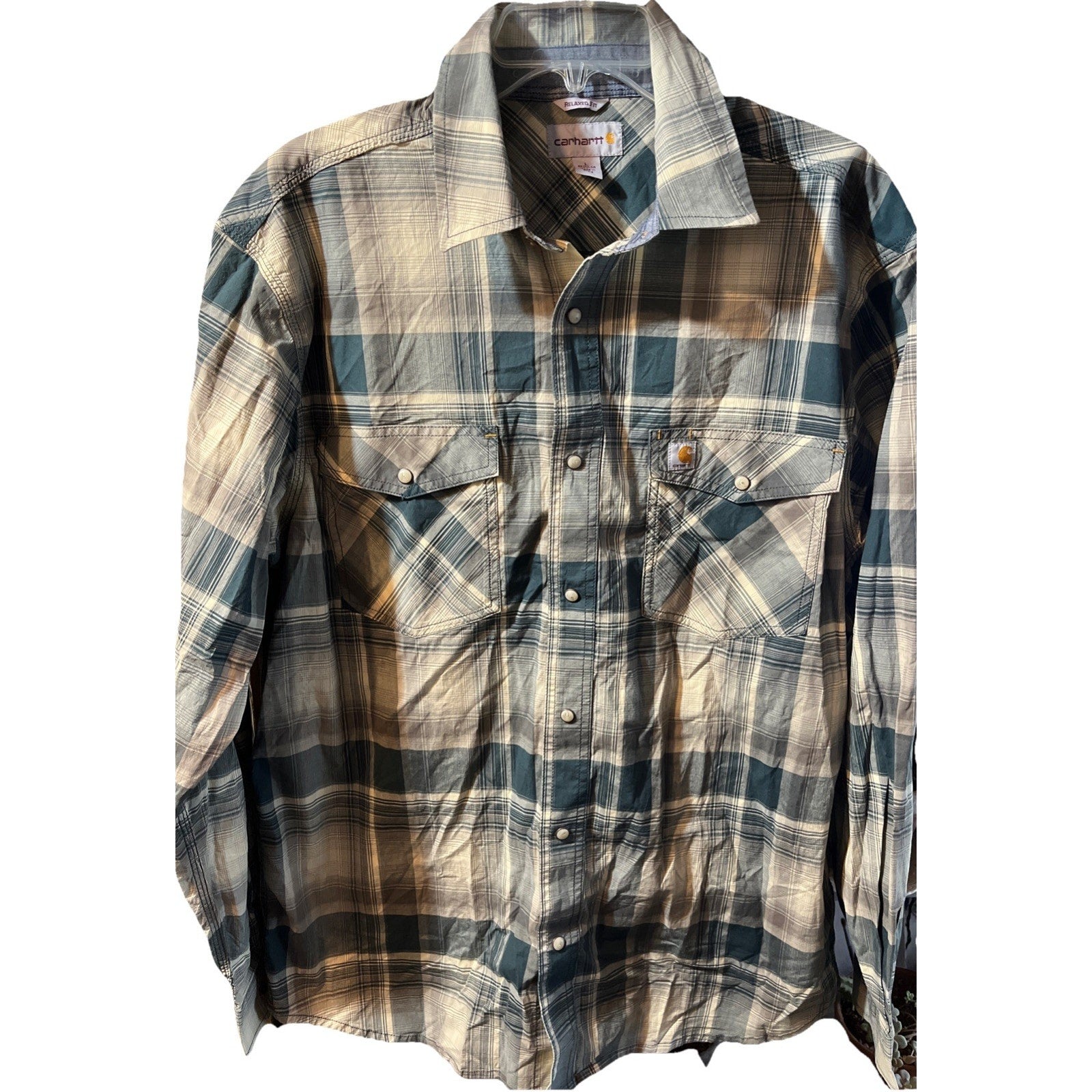 Carhartt Shirt Men L Blue Plaid Outdoor Relaxed Fit Snap Button Workwear Western
