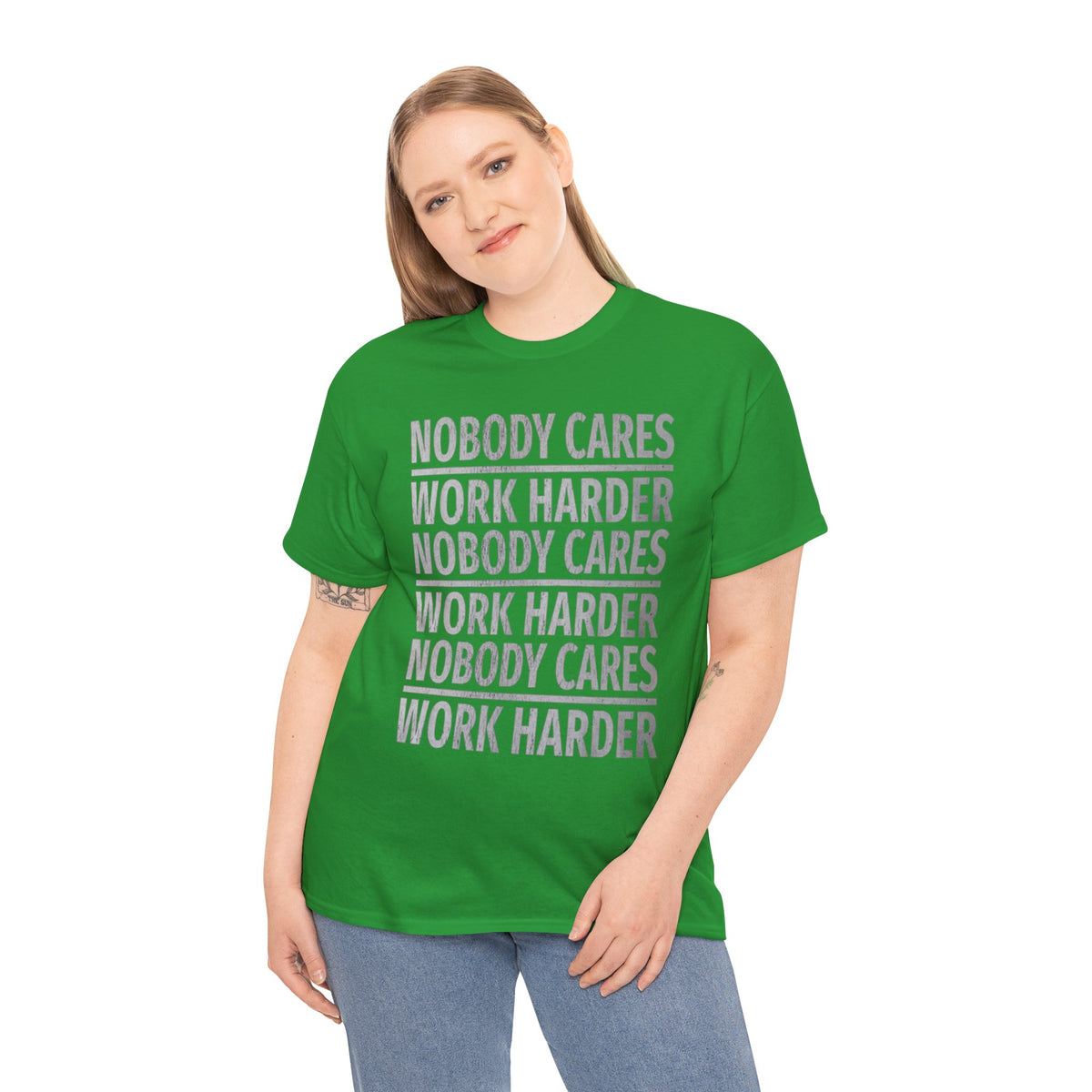 Nobody Cares Work Harder Graphic Print Short Sleeve Crew Unisex Heavy Cotton Tee
