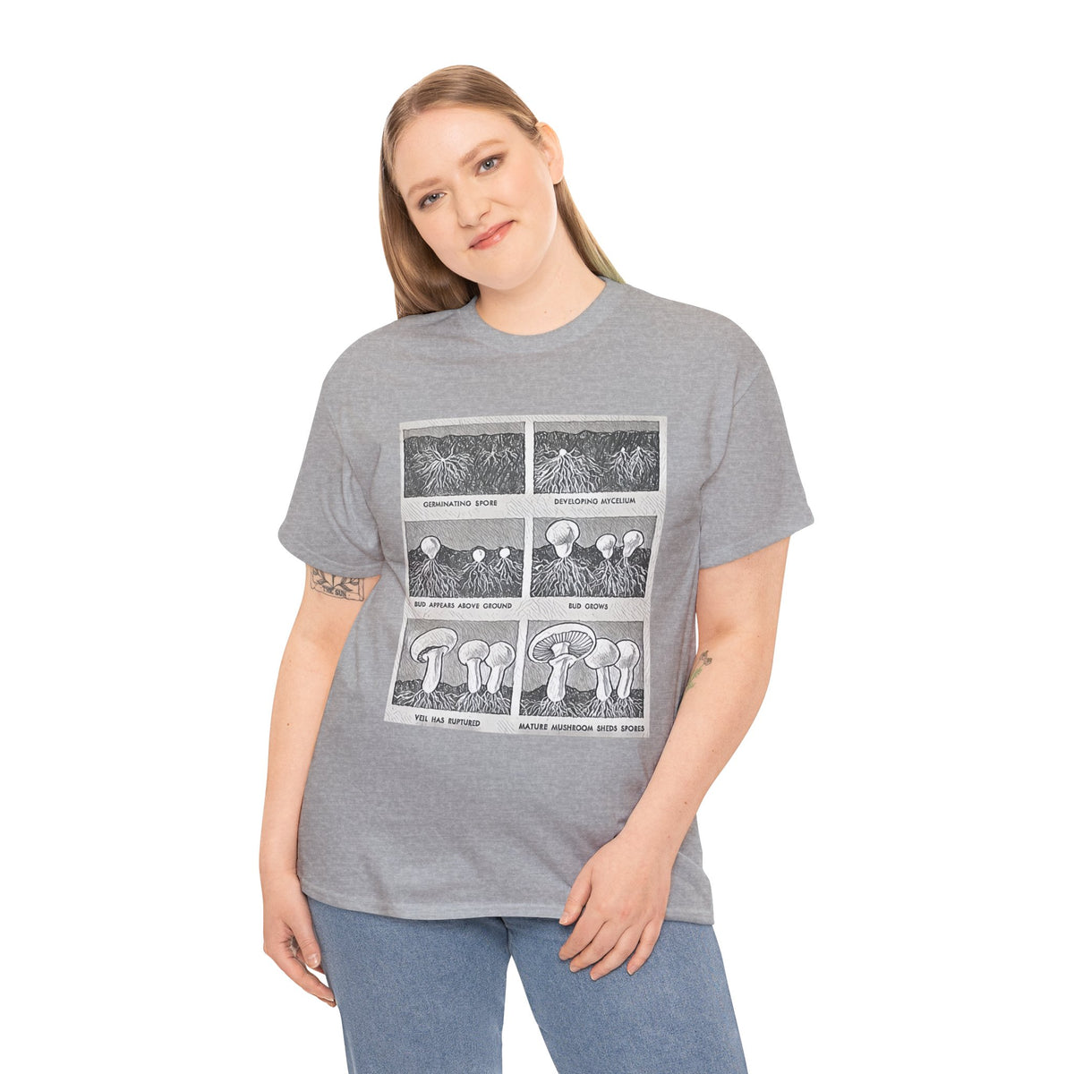 Mushroom Growth Cycle Graphic Print Short Sleeve Unisex Heavy Cotton Tee Shirt