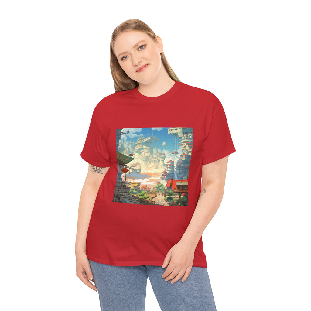 Studio Ghibli Style City Landscape Graphic Print Unisex Heavy Cotton Tee Shirt