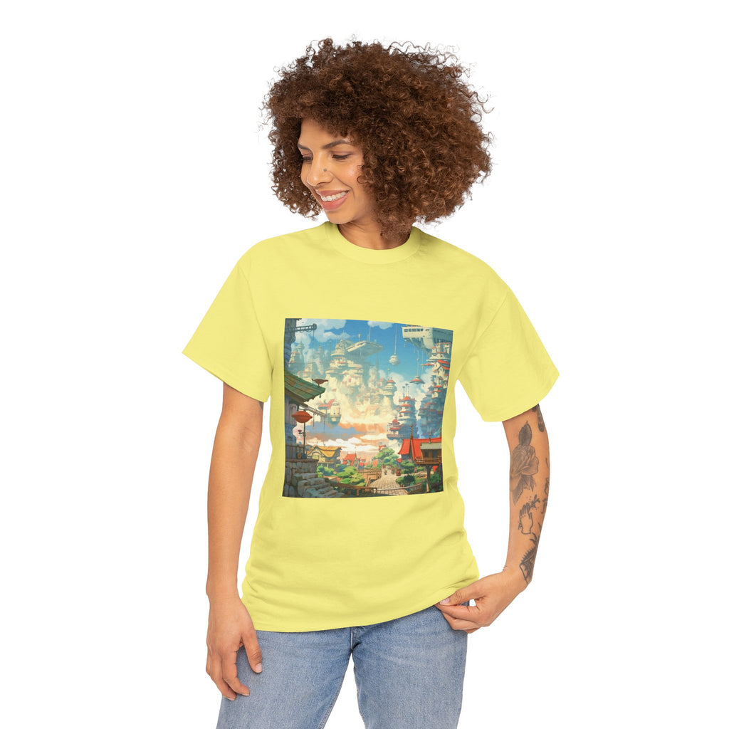 Studio Ghibli Style City Landscape Graphic Print Unisex Heavy Cotton Tee Shirt