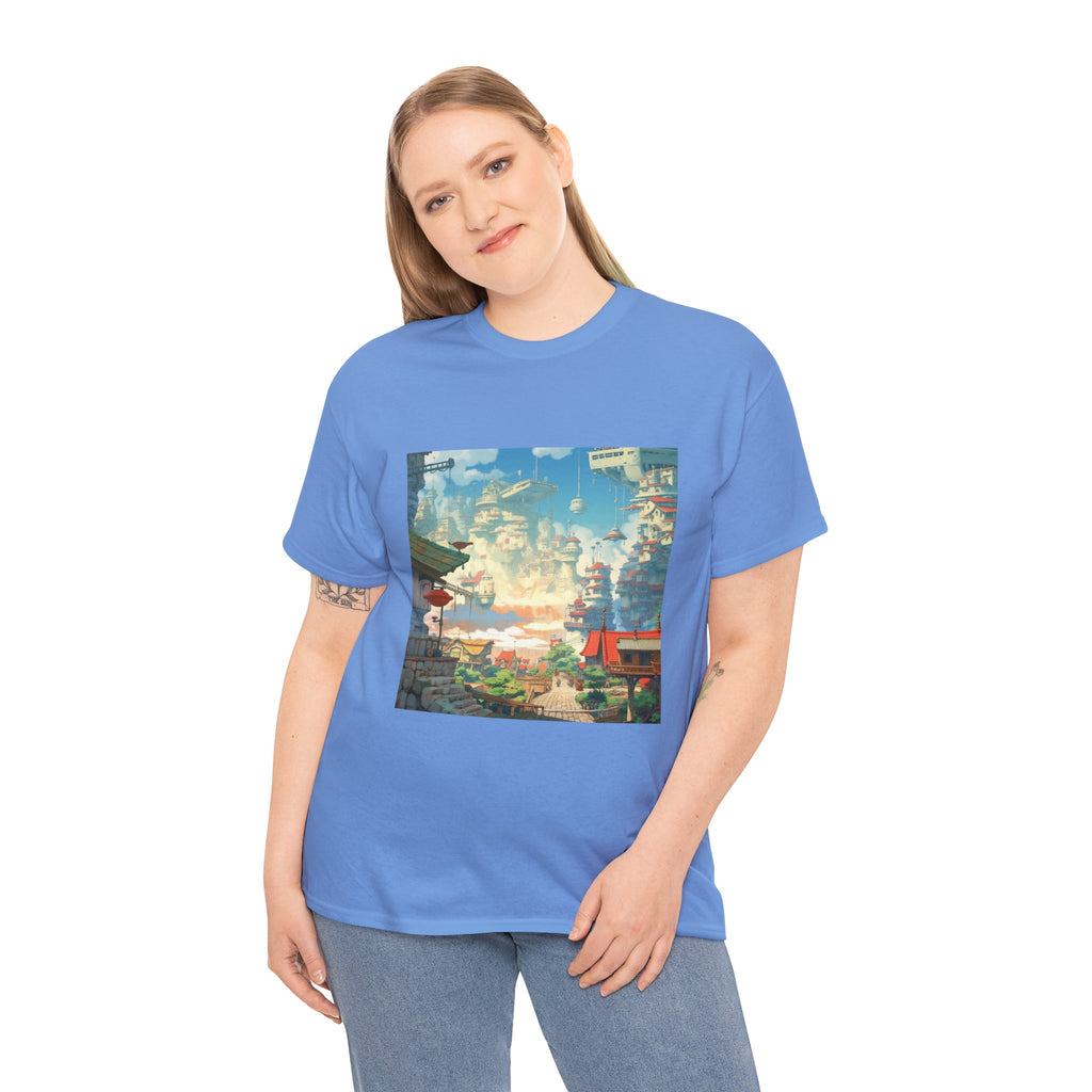 Studio Ghibli Style City Landscape Graphic Print Unisex Heavy Cotton Tee Shirt