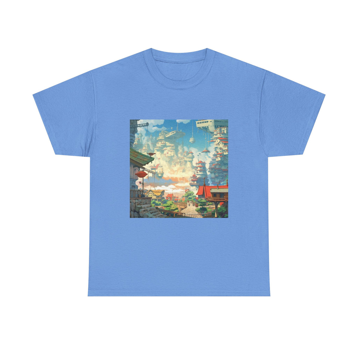 Studio Ghibli Style City Landscape Graphic Print Unisex Heavy Cotton Tee Shirt