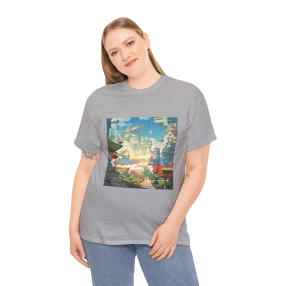 Studio Ghibli Style City Landscape Graphic Print Unisex Heavy Cotton Tee Shirt