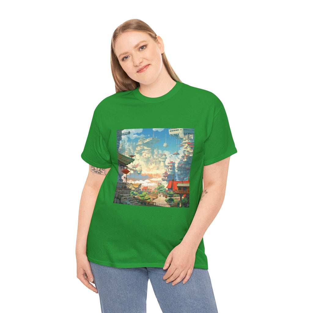 Studio Ghibli Style City Landscape Graphic Print Unisex Heavy Cotton Tee Shirt
