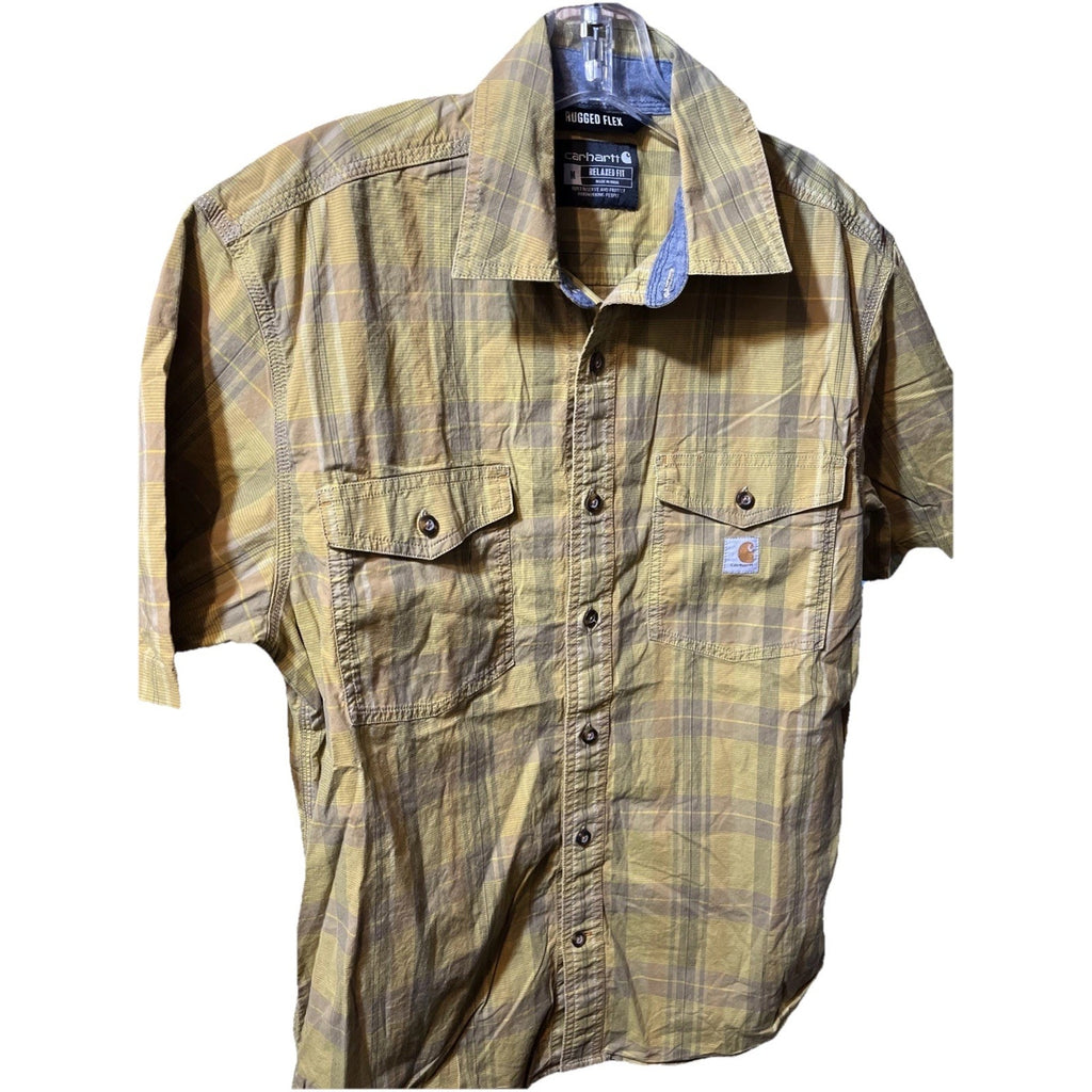 Carhartt Shirt Mens Medium Green Plaid Rugged Flex Short Sleeve Button Front