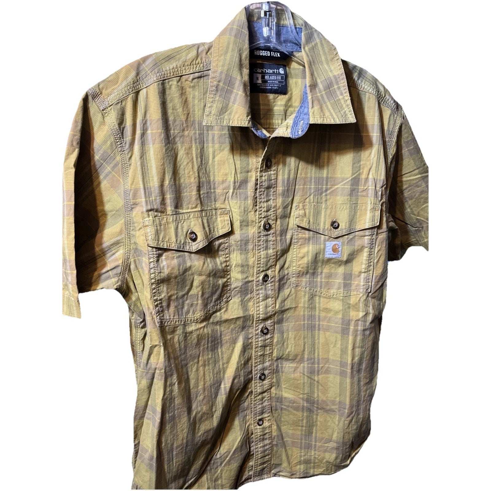 Carhartt Shirt Mens Medium Green Plaid Rugged Flex Short Sleeve Button Front