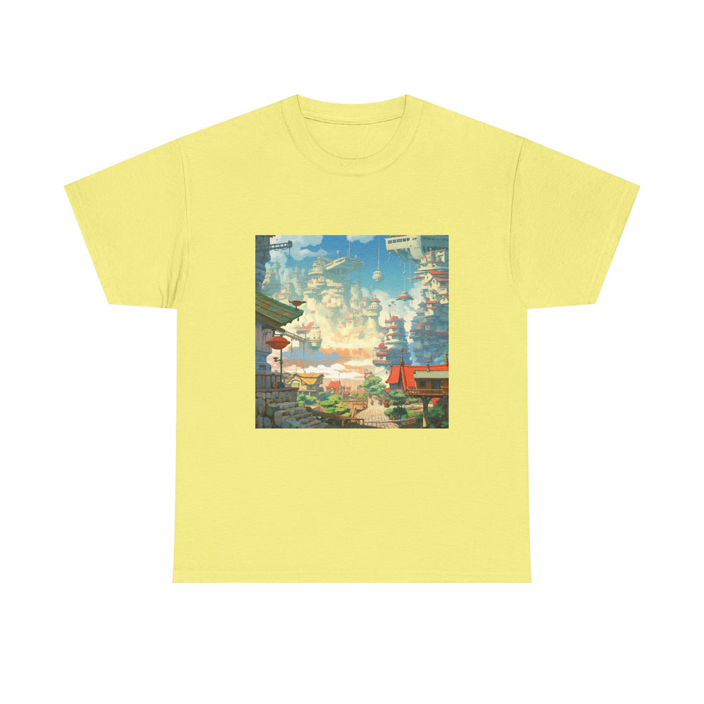 Studio Ghibli Style City Landscape Graphic Print Unisex Heavy Cotton Tee Shirt