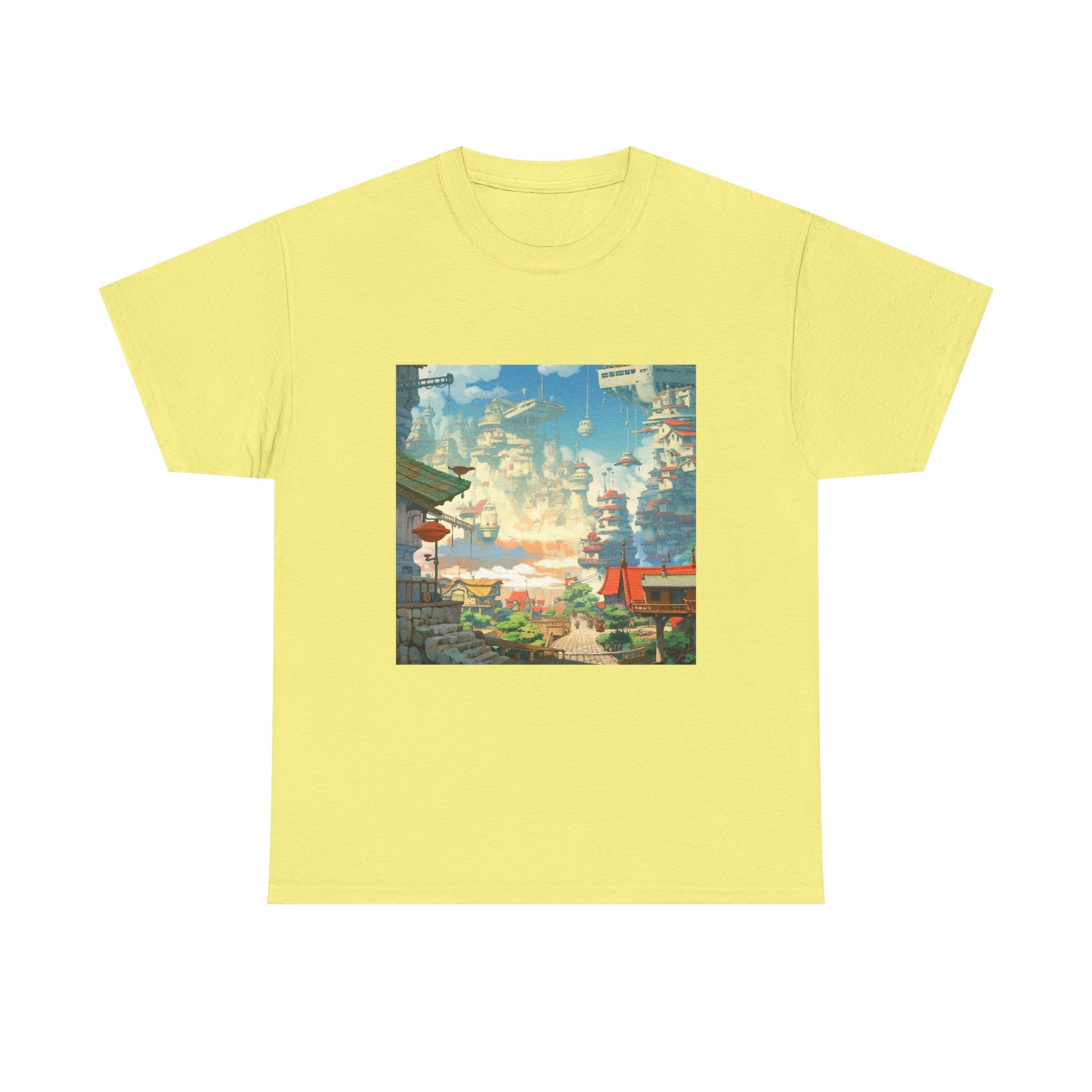 Studio Ghibli Style City Landscape Graphic Print Unisex Heavy Cotton Tee Shirt
