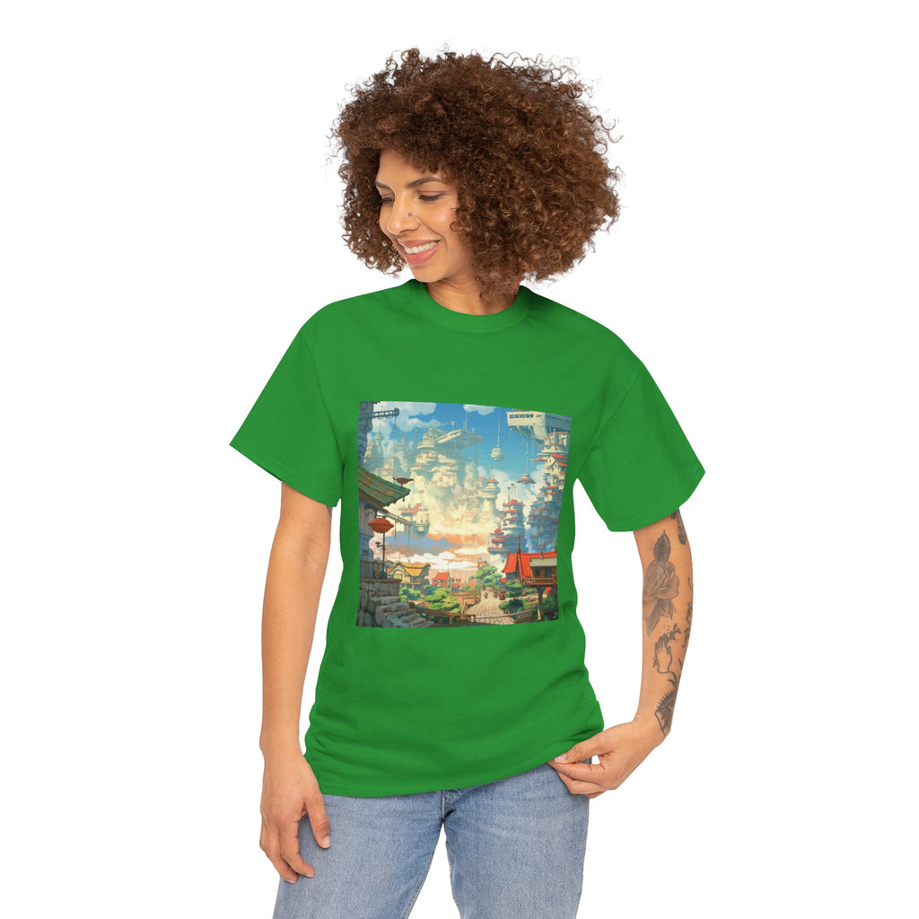 Studio Ghibli Style City Landscape Graphic Print Unisex Heavy Cotton Tee Shirt