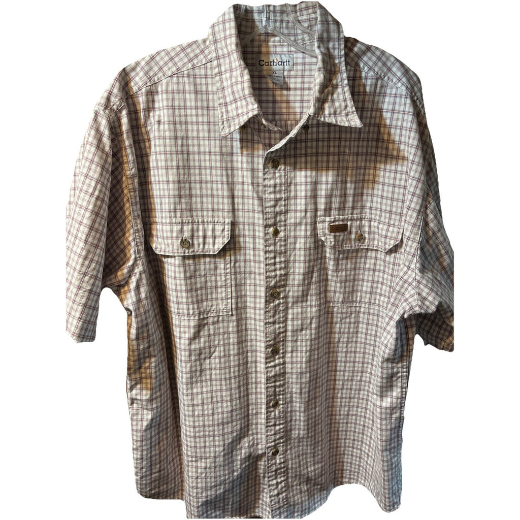 Carhartt Shirt Men’s XL White Checkered Plaid Short Sleeve Button Up Cotton Work