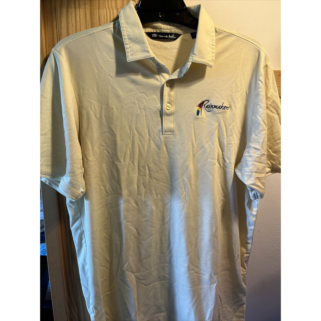 Travis Mathew Shirt Mens M Short Sleeve Button Polo Solid Yellow Rainmaker Logo