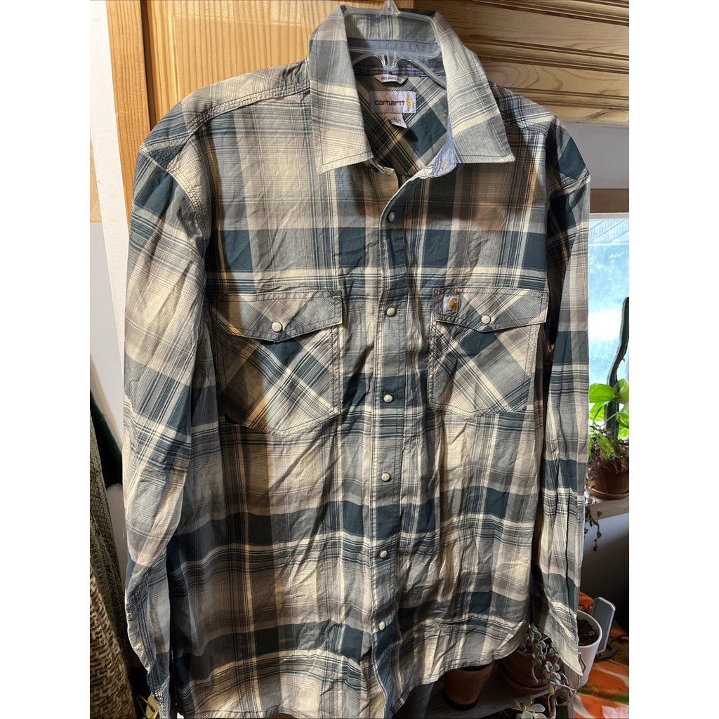 Carhartt Shirt Men L Blue Plaid Outdoor Relaxed Fit Snap Button Workwear Western