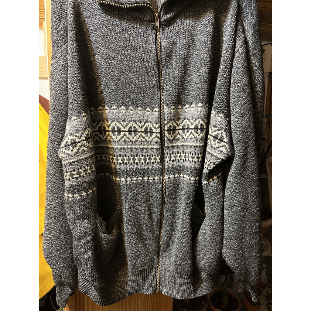 Haband Full Zip Cardigan L Mock Neck Gray Nordic Sweater Pockets Acrylic LS VTG