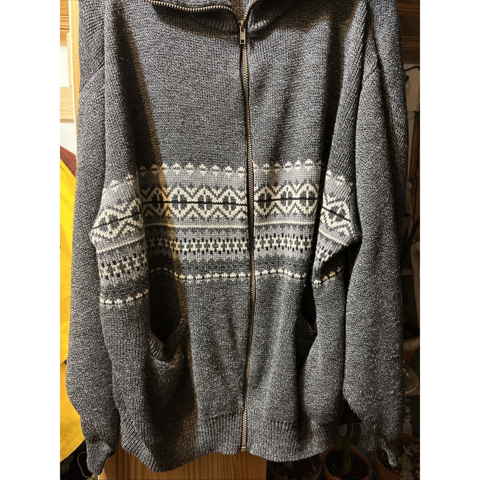 Haband Full Zip Cardigan L Mock Neck Gray Nordic Sweater Pockets Acrylic LS VTG