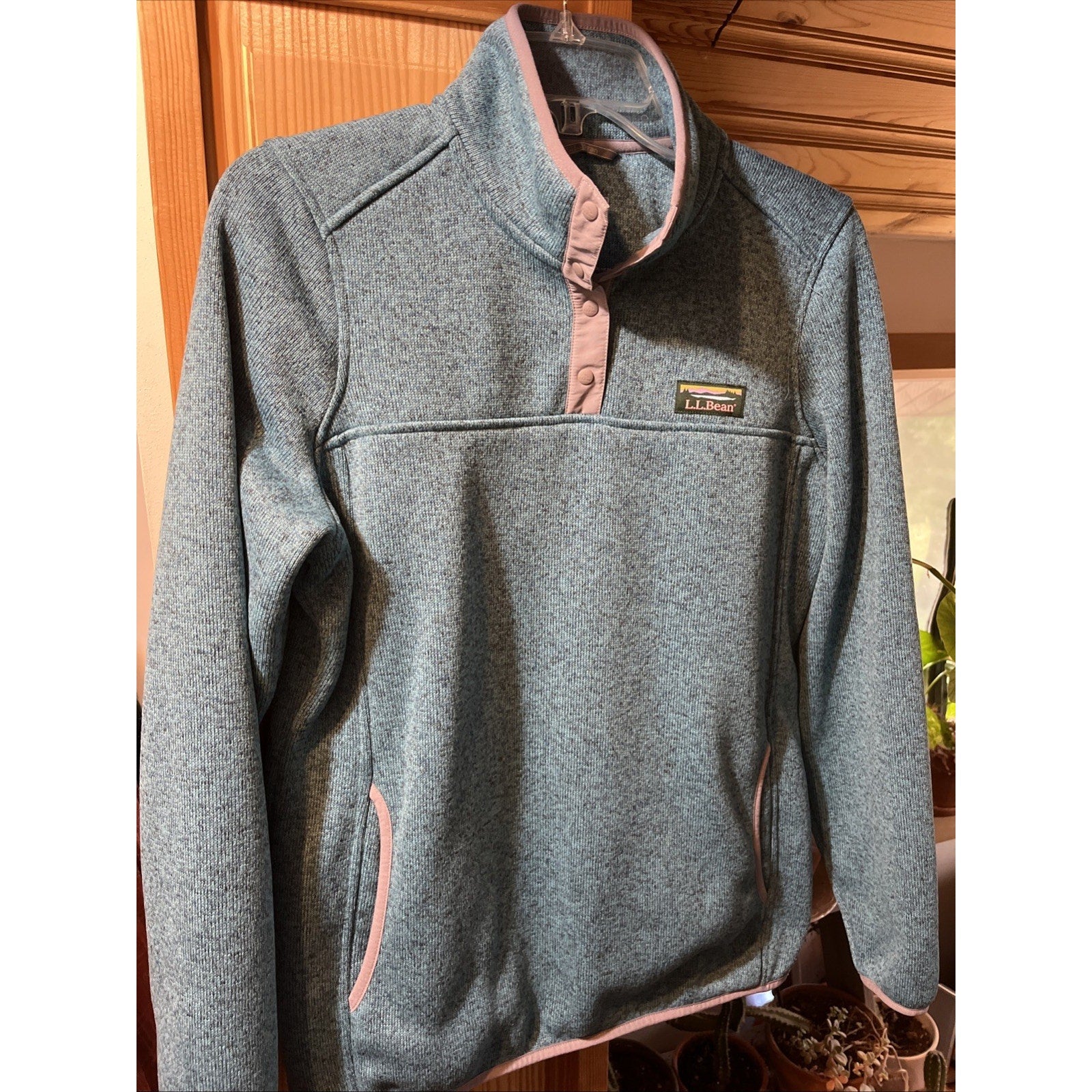 LL Bean Sweater Womens Medium Blue Pullover Snap Button Fleece Ladies Outdoors