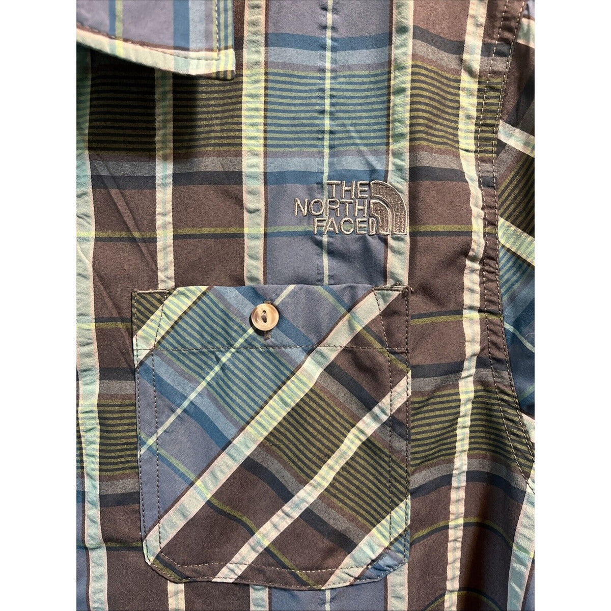 The North Face Men’s Shirt L Blue Plaid Button Up Short Sleeve Pocket Hiking EUC
