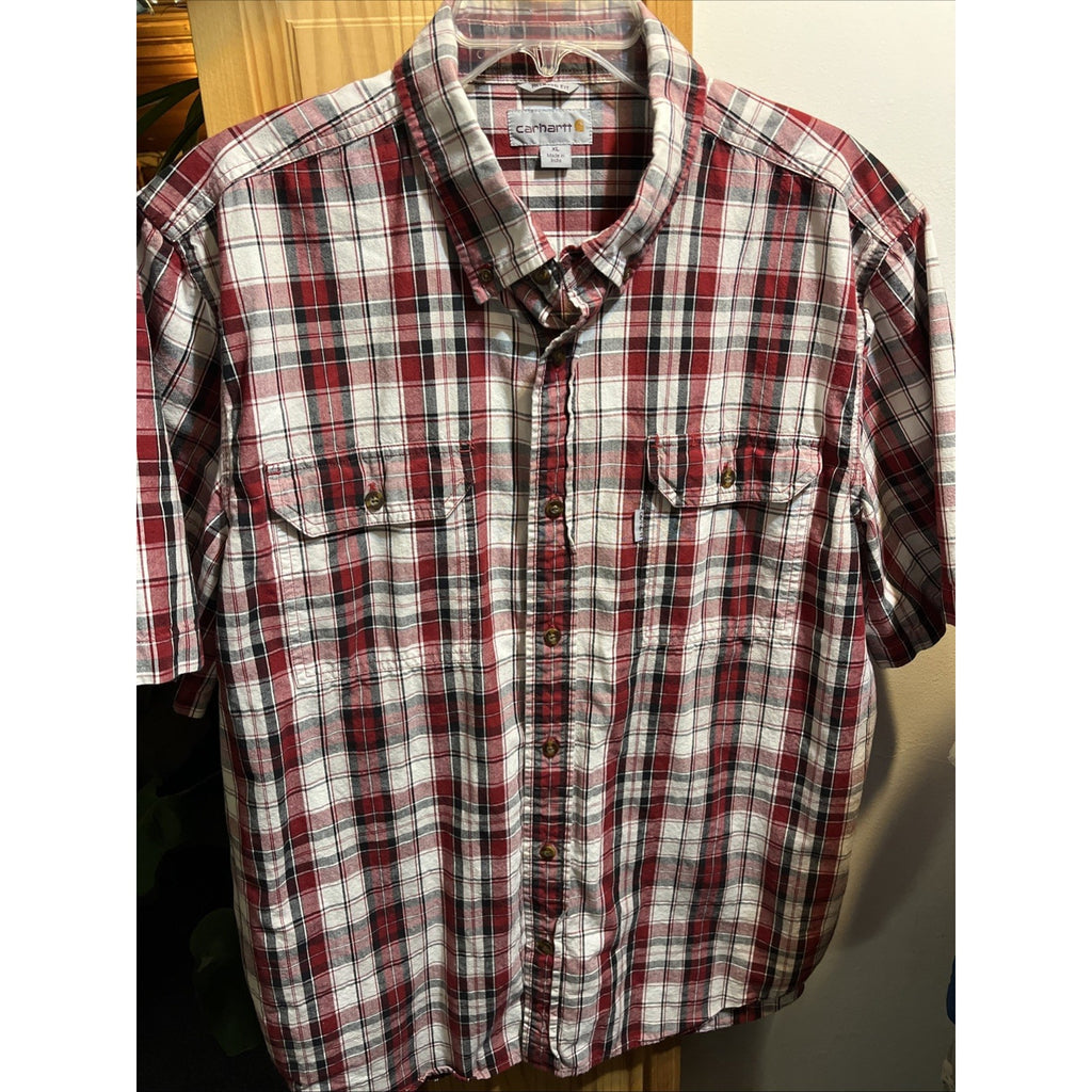 Carhartt Mens XL Red Button Up Short Sleeve Shirt Relaxed Fit Plaid Cotton