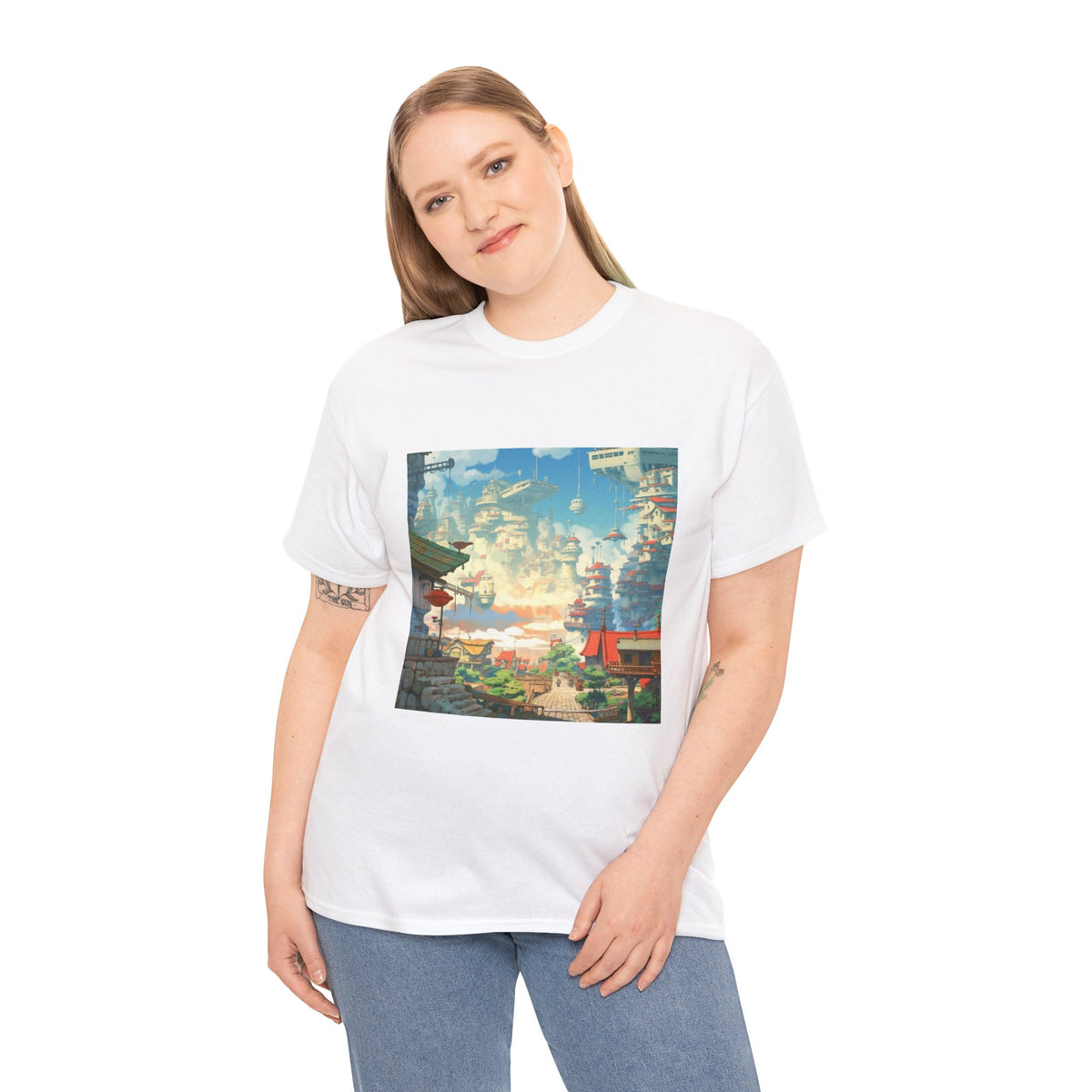Studio Ghibli Style City Landscape Graphic Print Unisex Heavy Cotton Tee Shirt