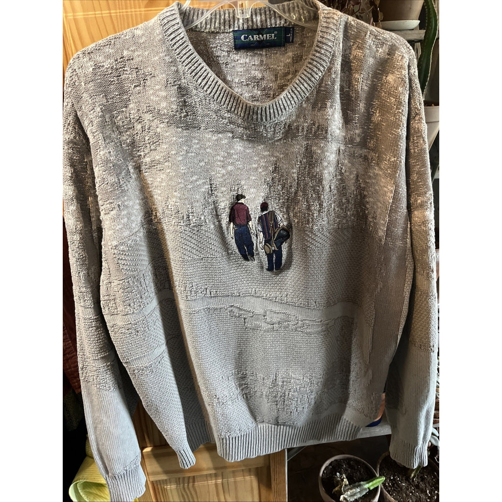 Vintage 90s Carmel Golf Embroidered Pullover Knit Sweater Size L Gray USA HOLE