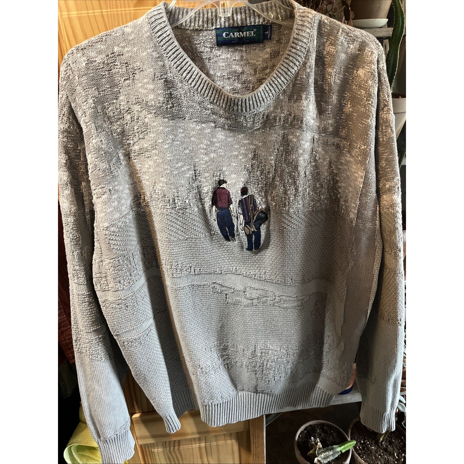 Vintage 90s Carmel Golf Embroidered Pullover Knit Sweater Size L Gray USA HOLE