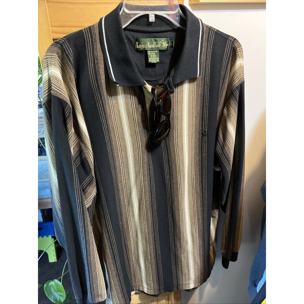 VTG Knights Round Table Shirt Adult M Polo LS Stripes Black Brown Tony Soprano
