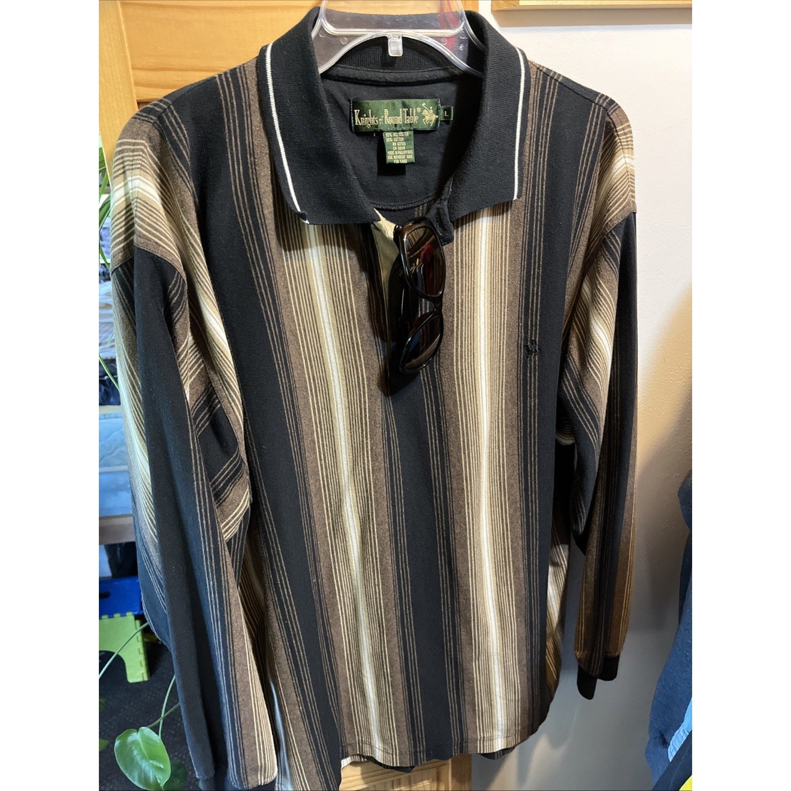 VTG Knights Round Table Shirt Adult M Polo LS Stripes Black Brown Tony Soprano
