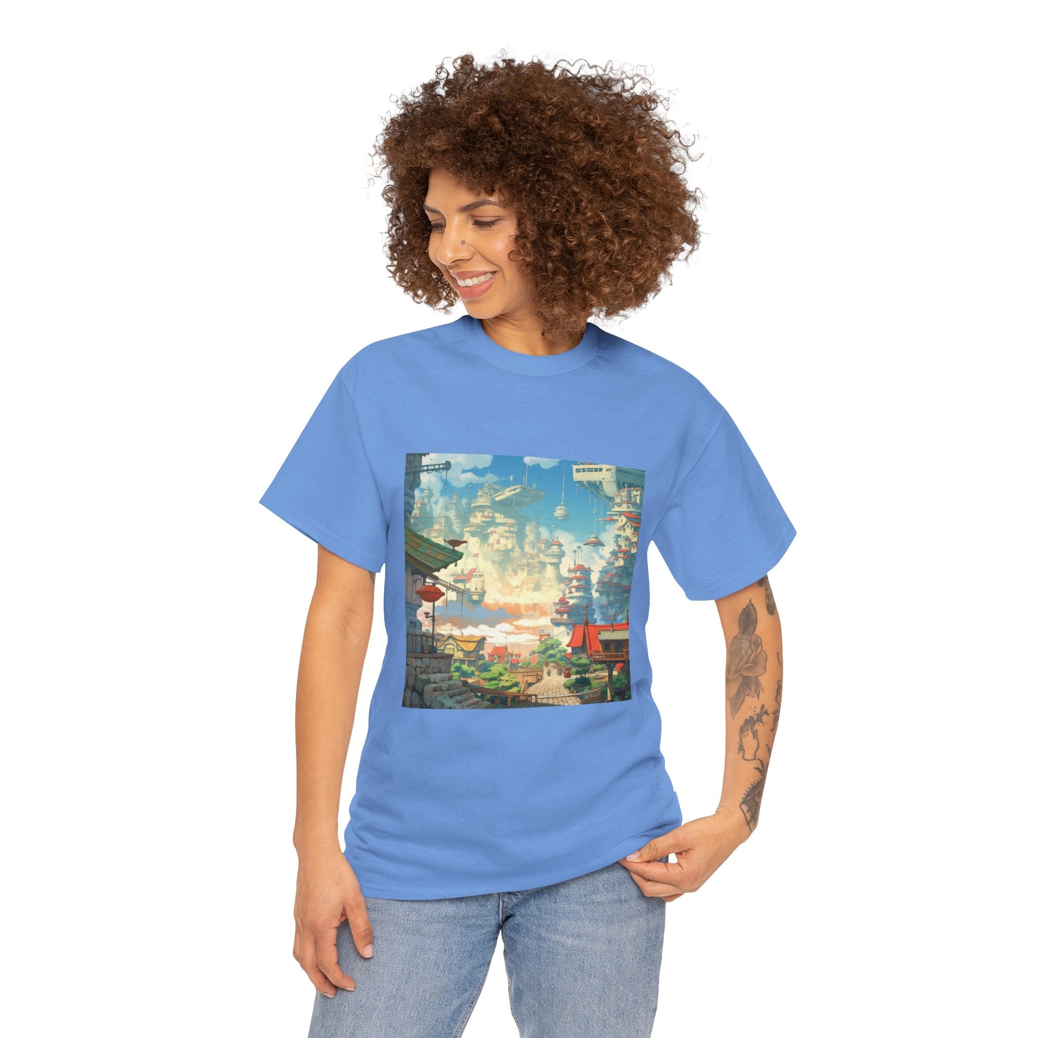 Studio Ghibli Style City Landscape Graphic Print Unisex Heavy Cotton Tee Shirt