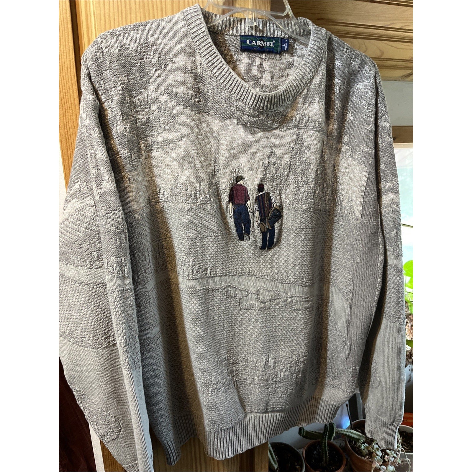 Vintage 90s Carmel Golf Embroidered Pullover Knit Sweater Size L Gray USA HOLE