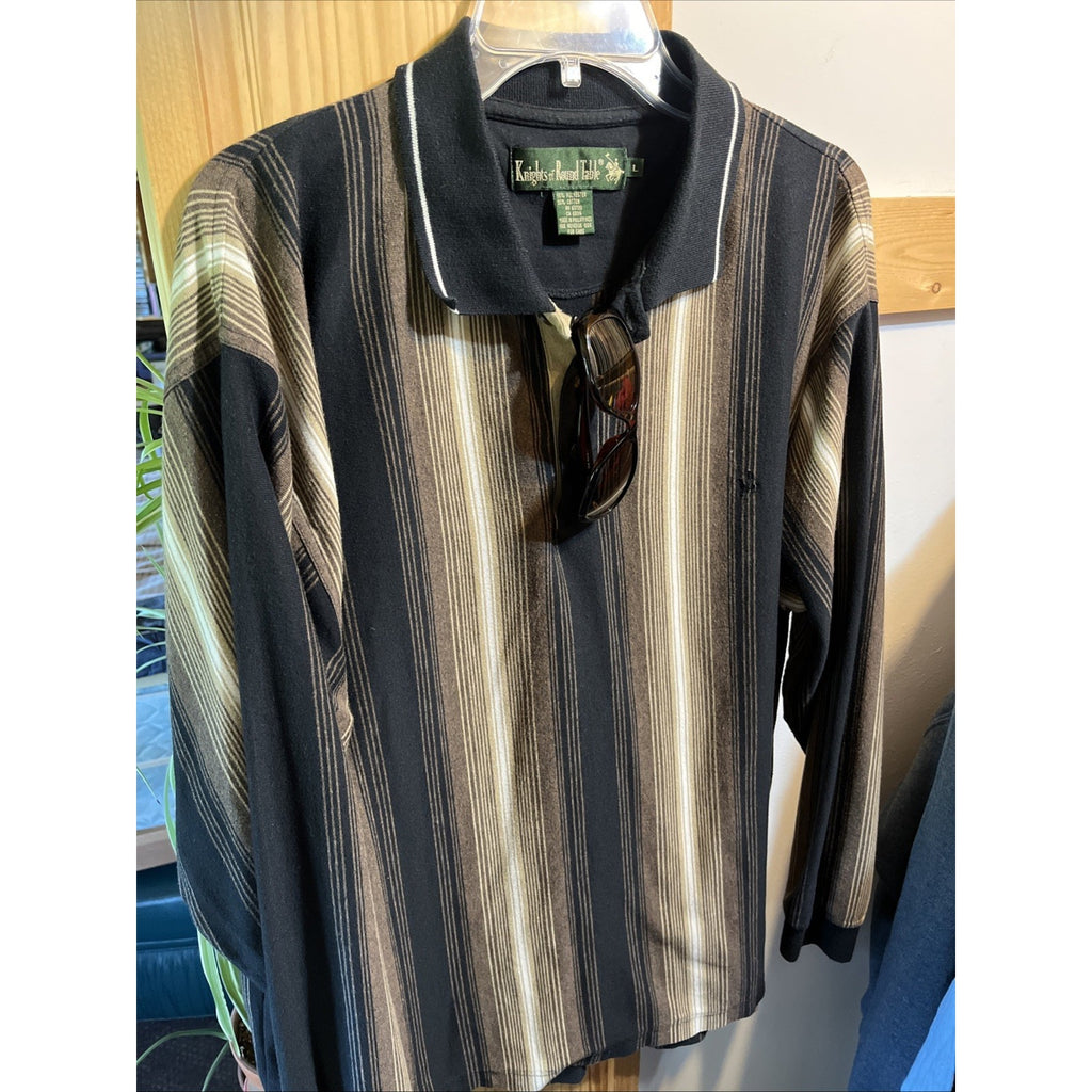 VTG Knights Round Table Shirt Adult M Polo LS Stripes Black Brown Tony Soprano