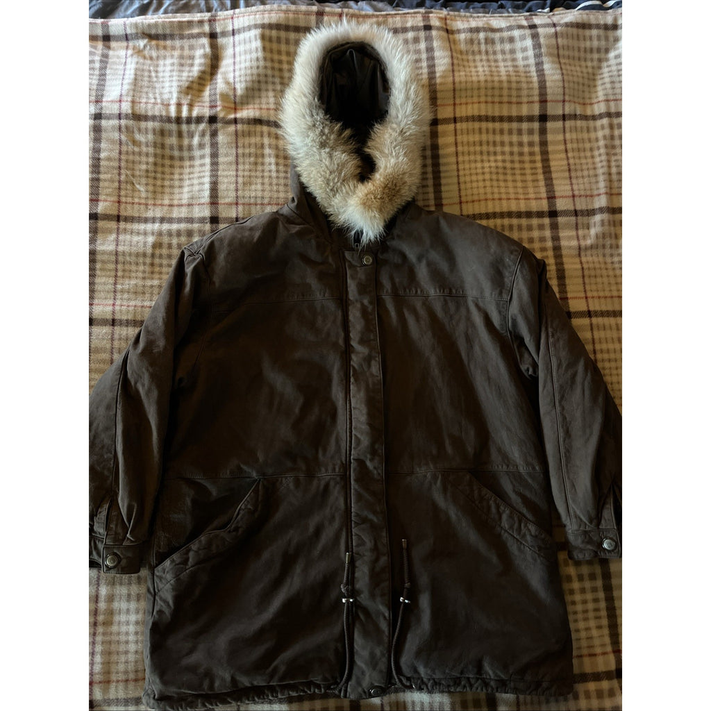 Vintage 90s Hamilton Manor Large Suede Leather Parka Coat Coyote Fur LS Zip Up